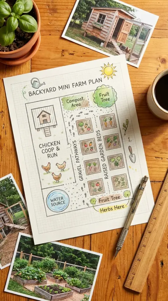 A detailed hand-drawn layout for a backyard mini farm with chickens featuring zones for raised garden beds, a compost area, and fruit trees.
