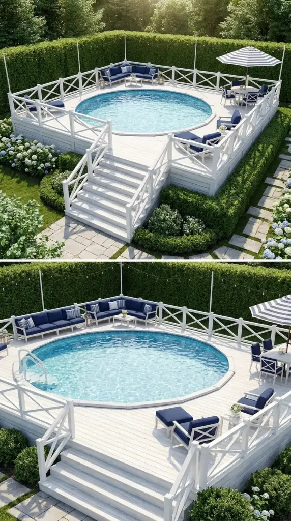 Hamptons-style wraparound pool deck with white wash wood, wide stairs, and coastal outdoor living decor