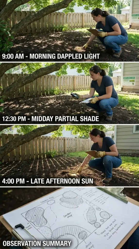 Checking light conditions for planting hydrangeas in shade before starting a hydrangea hedge