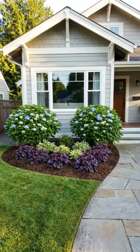 Symmetrical front yard planting with two hydrangeas framing a window in a small landscape