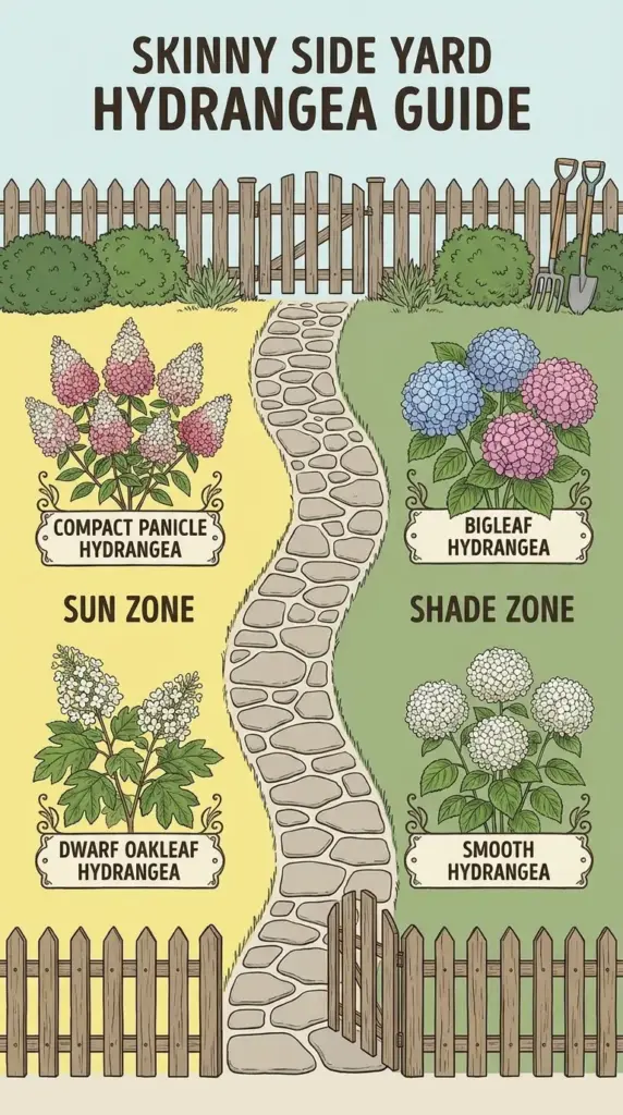 hydrangea types for narrow side yards including panicle bigleaf smooth and oakleaf options