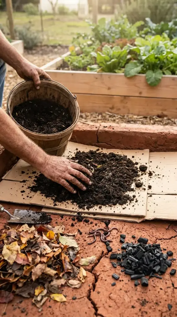 Improving a mini farm on poor or clay soil using sheet mulching with compost, biochar, and earthworms to create fertile garden beds.