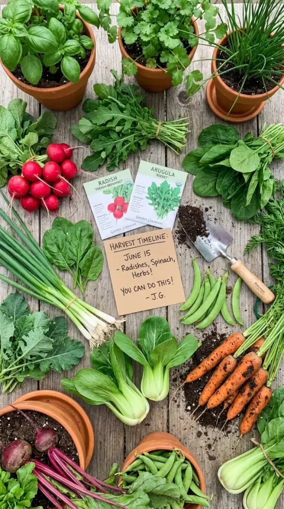 A diverse harvest from a mini farm with fast-growing veggies including radishes, green onions, and spinach displayed with seed packets and a gardening trowel.