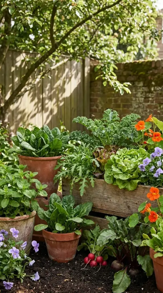 A productive mini farm with limited sunlight featuring shade-tolerant leafy greens, herbs, and root vegetables grown in pots and wooden crates.