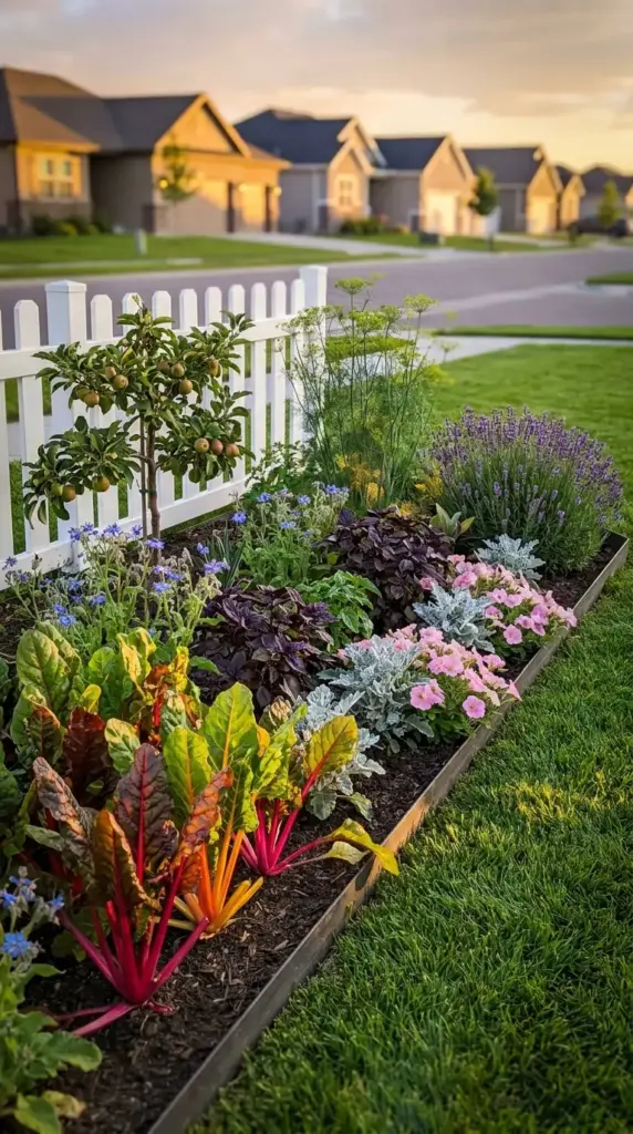 An aesthetic mini farm for HOA neighborhoods featuring colorful Swiss chard, herbs, and fruit trees integrated into suburban front yard landscaping.