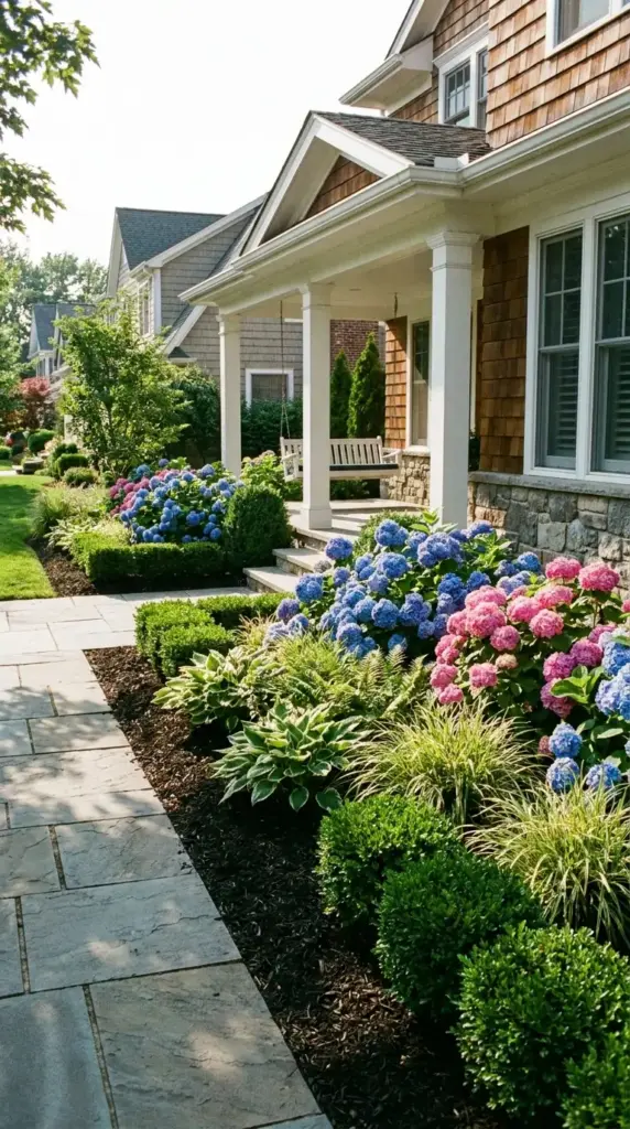 Mophead hydrangea in a formal foundation planting with bold rounded blooms and classic curb appeal
