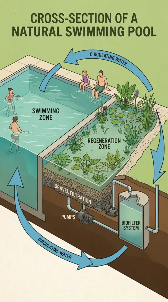 Diagram of natural swimming pool system with swimming zone, regeneration zone, gravel filtration, and aquatic plants