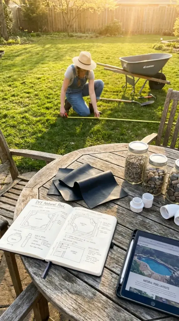Planning a DIY natural swimming pool with measurements, budget materials, EPDM liner, and backyard layout