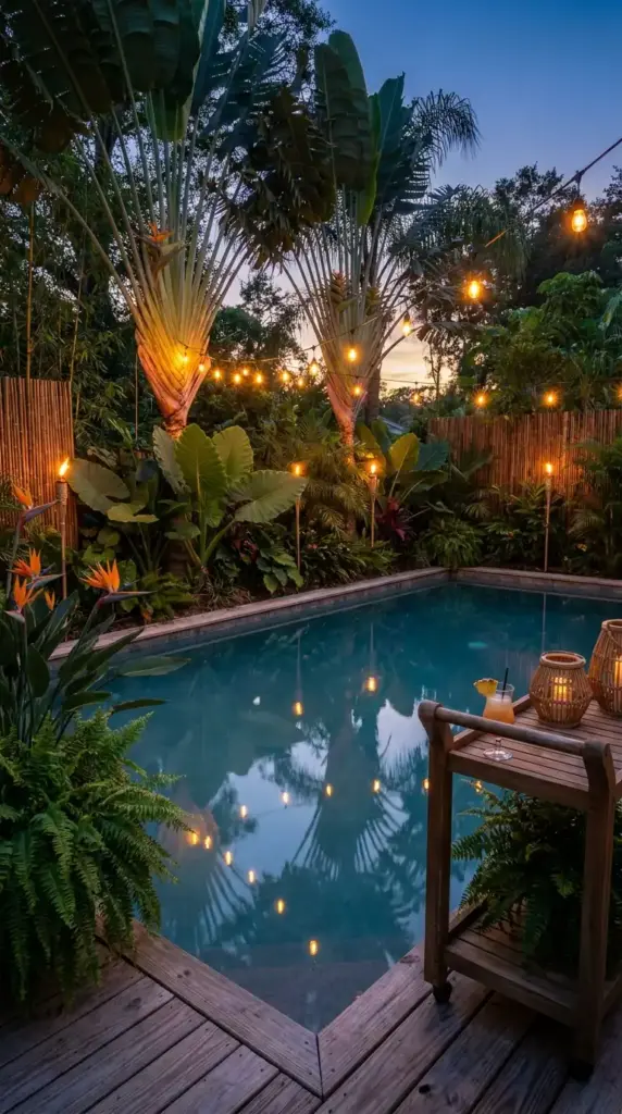 Tropical backyard natural pool ideas featuring Traveler's Palms, bamboo fencing, and warm string lights reflecting in a swimming pool at sunset.