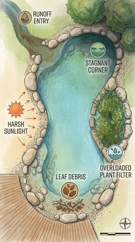 Common reasons a natural pool turns green including sunlight, poor circulation, debris, runoff, and weak plant filtration