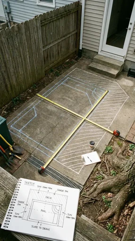 Measuring a small urban garden for a natural pool layout with sun exposure, drainage, and space planning details