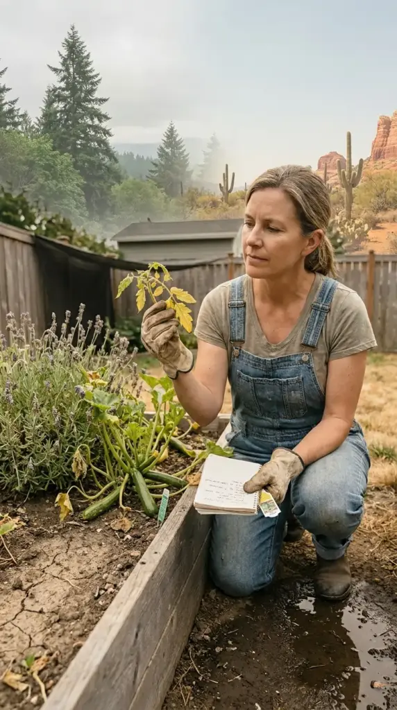 A woman seeking garden help while inspecting yellowing leaves on a plant in a raised garden bed with a notebook in hand.