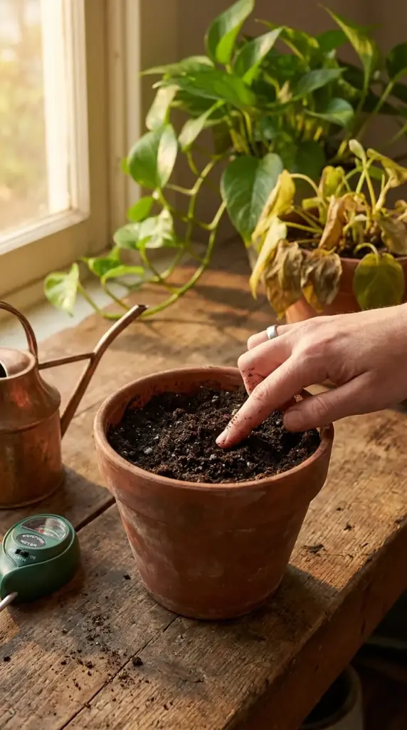 Practical garden help for beginners showing how to check soil moisture by hand next to a moisture meter and indoor plants.