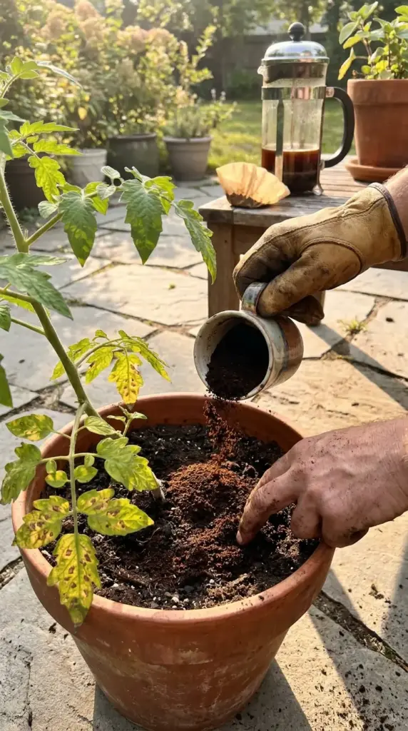 Eco-friendly garden help with household items showing a person recycling used coffee grounds as fertilizer for a potted tomato plant.