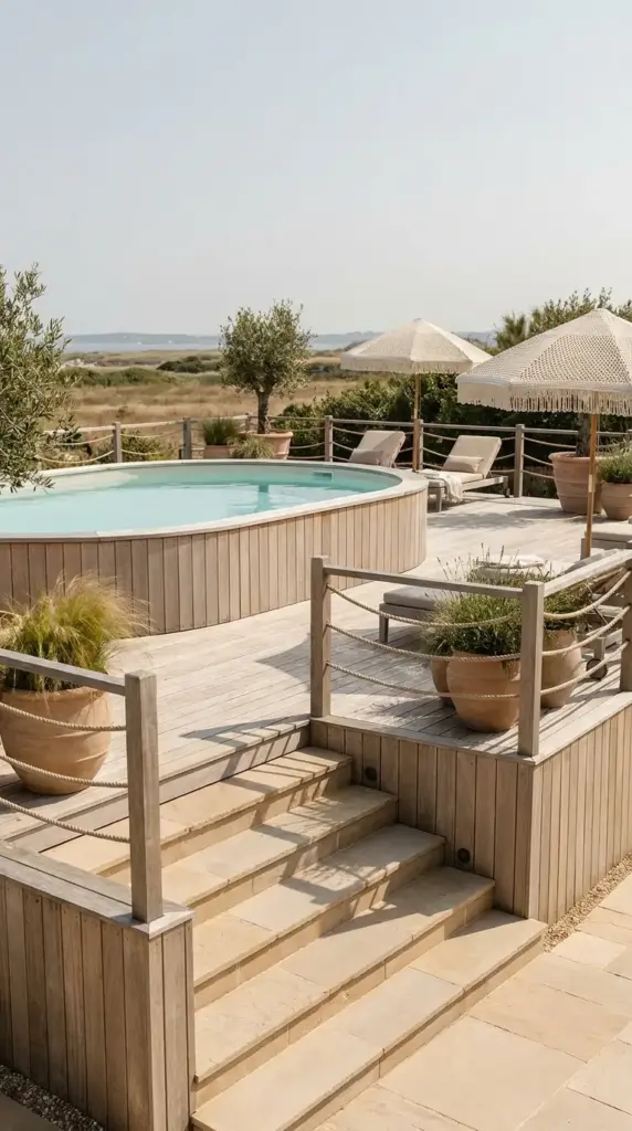Resort-style pool entry steps and landing for a modern above ground pool deck