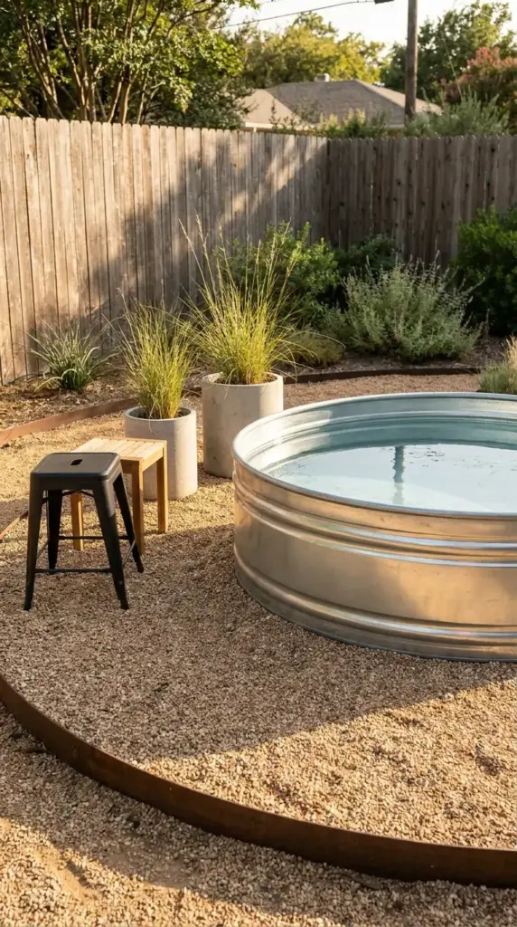 Exposed galvanized stock tank pool on a gravel pad with simple rustic industrial backyard styling