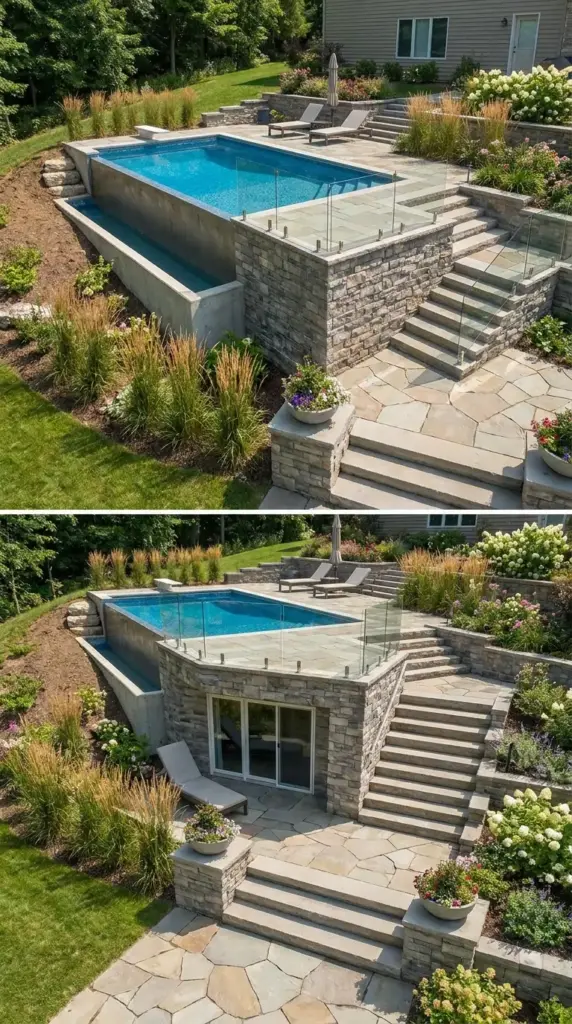 One-side inground and one-side above-ground pool layout for sloped yards and difficult terrain