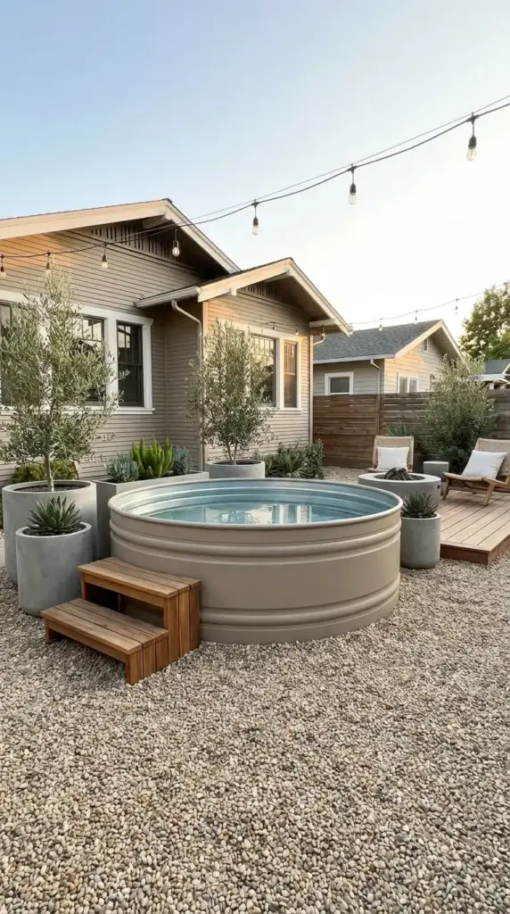 Stock tank pool idea for a small backyard with chic plunge pool styling and budget-friendly landscaping
