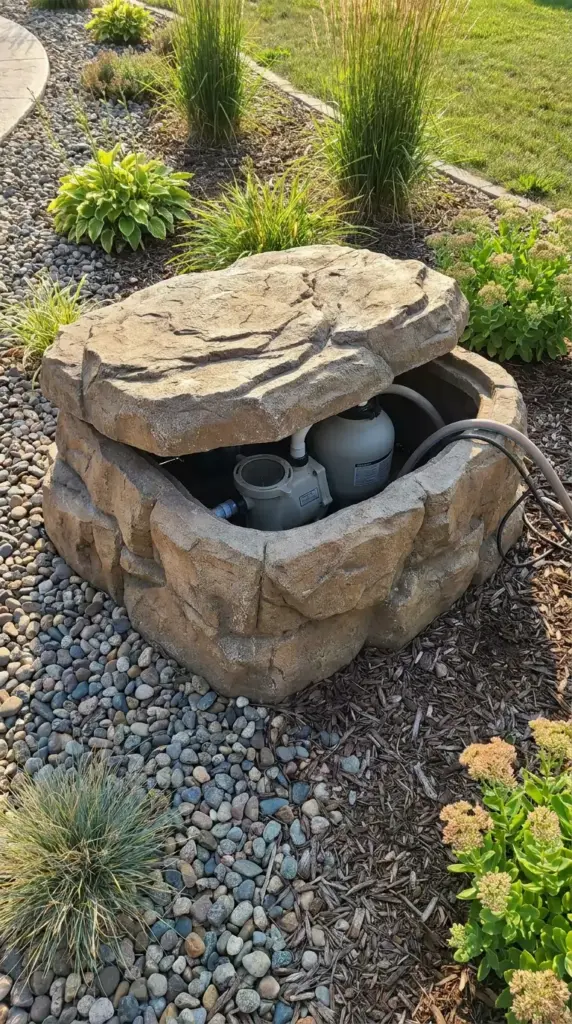 Faux rock pool pump cover for above ground pool equipment camouflage