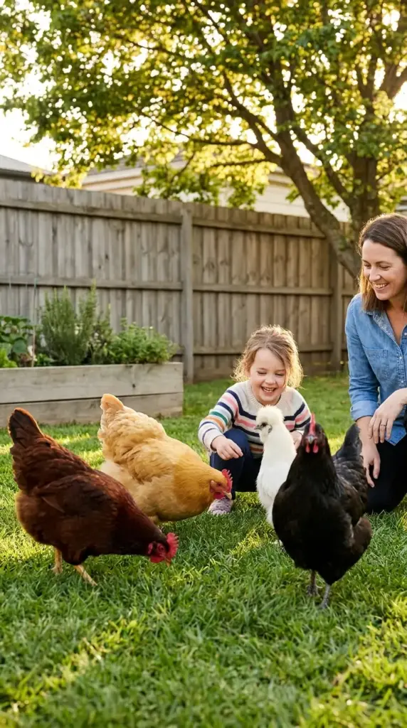 A family enjoying their backyard mini farm with chickens, featuring a young girl and woman interacting with friendly hens in a suburban garden.