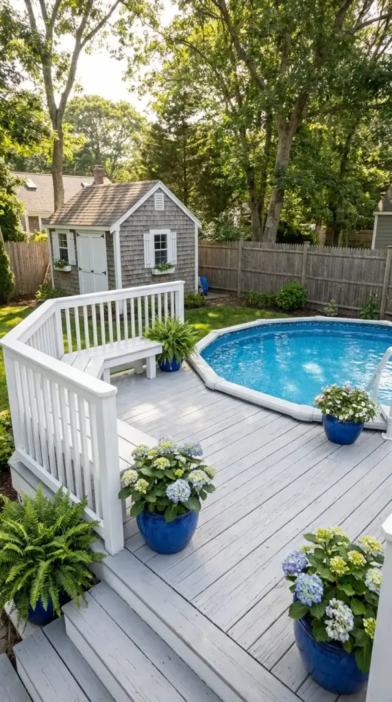 Cape Cod above ground pool deck with partial surround, white trim, and coastal cottage backyard styling