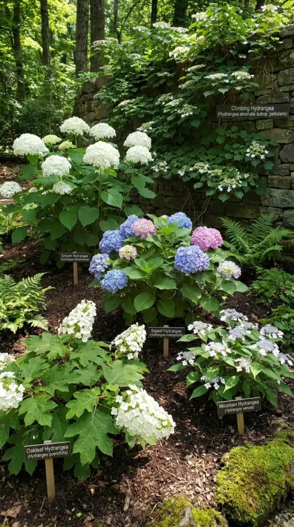 Best hydrangea varieties for deep shade hedges including oakleaf, mountain, bigleaf, smooth, and climbing hydrangea
