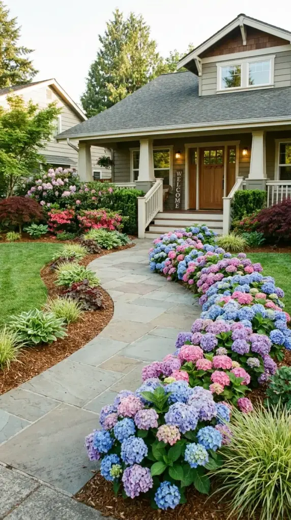 Curved walkway garden layout with hydrangea border planting in a small front yard