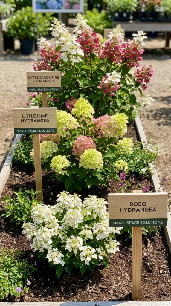compact hydrangea varieties for small spaces including Bobo Little Lime and Little Quick Fire