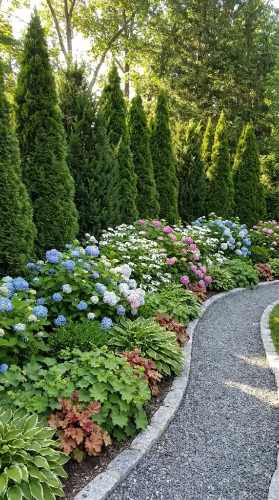 Three-layer garden design with hydrangeas and evergreens for depth and dimension