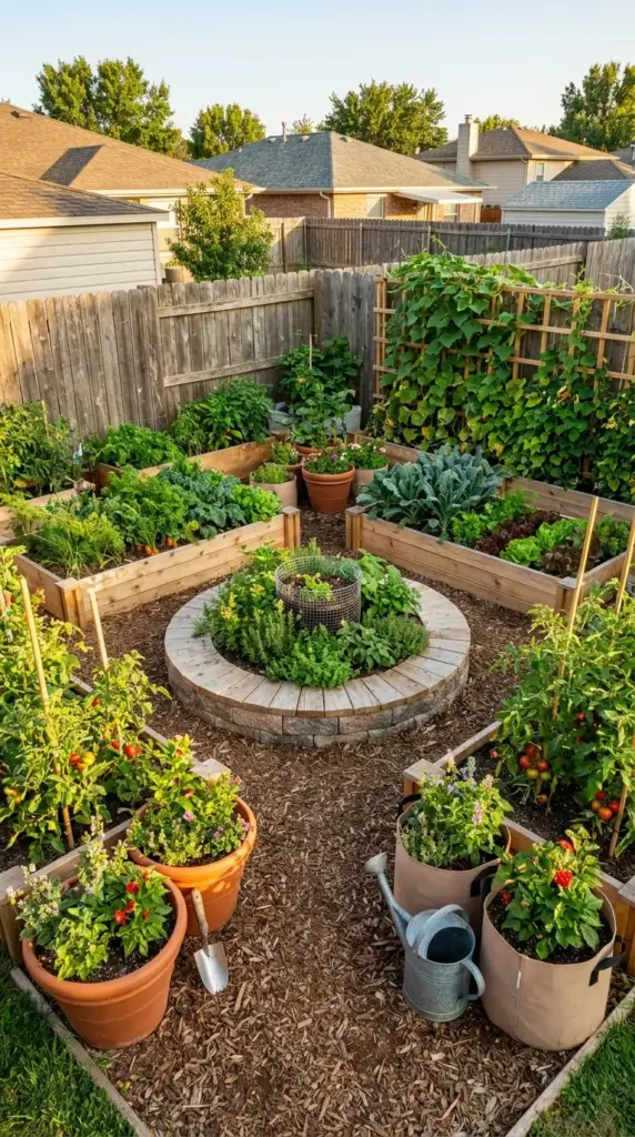 A productive mini farm in less than half an acre featuring a circular herb garden, raised beds, and vertical trellises in a suburban backyard.