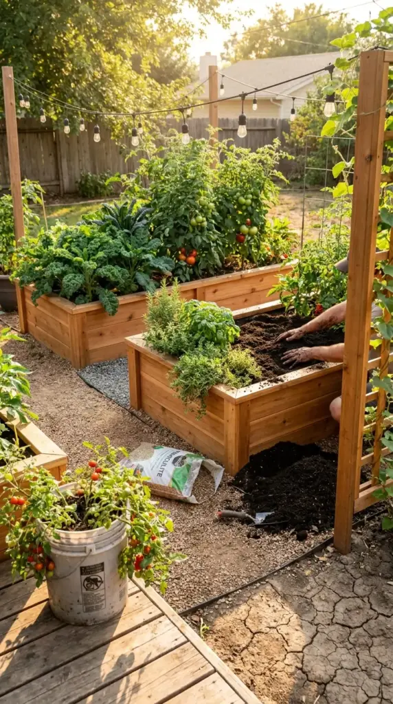 Building a productive mini farm on poor or clay soil using cedar raised garden beds, vermiculite, and rich compost to overcome heavy earth.