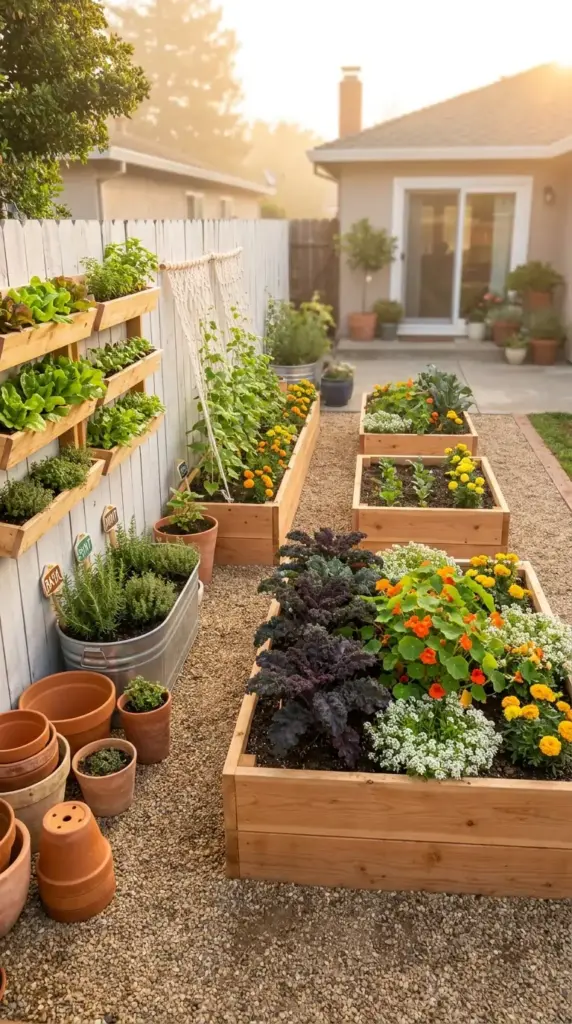 A productive backyard mini farm with fast-growing veggies featuring vertical planters, raised beds of kale and lettuce, and a pea trellis.