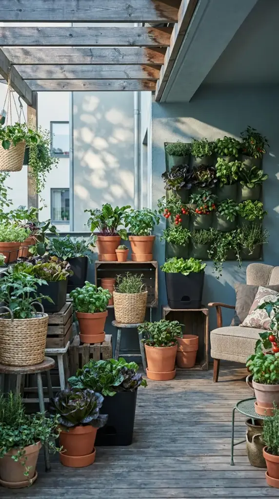 A vertical and container-based mini farm with limited sunlight on an urban balcony featuring herbs, tomatoes, and leafy greens in a shaded setting.
