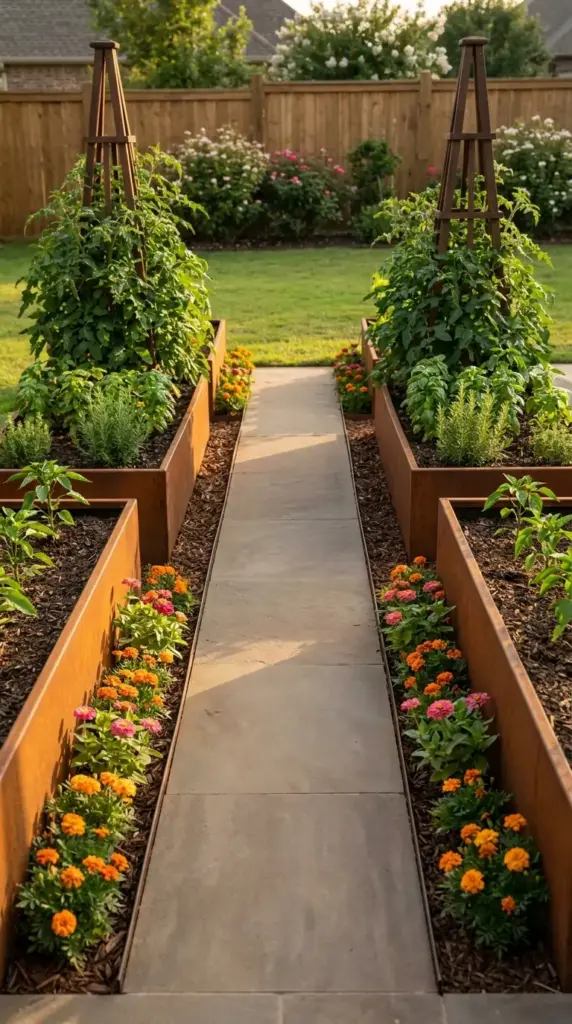 A modern and symmetrical mini farm for HOA neighborhoods featuring Corten steel raised beds, tomato trellises, and companion flowers.