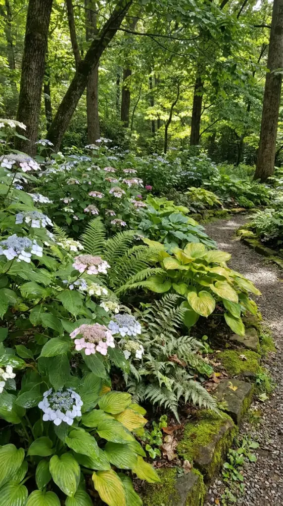 Lacecap hydrangea in a woodland garden with hostas and ferns for a soft cottage garden look