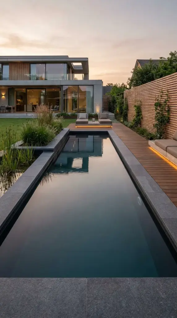 Modern minimalist natural pool with dark water, clean lines, stone coping, and contemporary backyard design