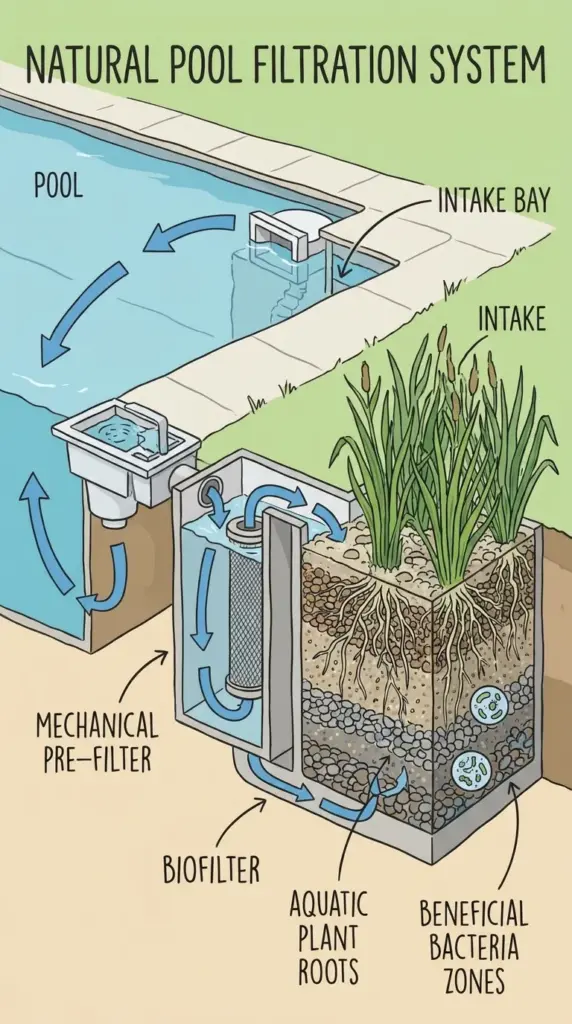 How natural pool filtration works with skimmer, biological filtration, gravel biofilter, plants, and water circulation