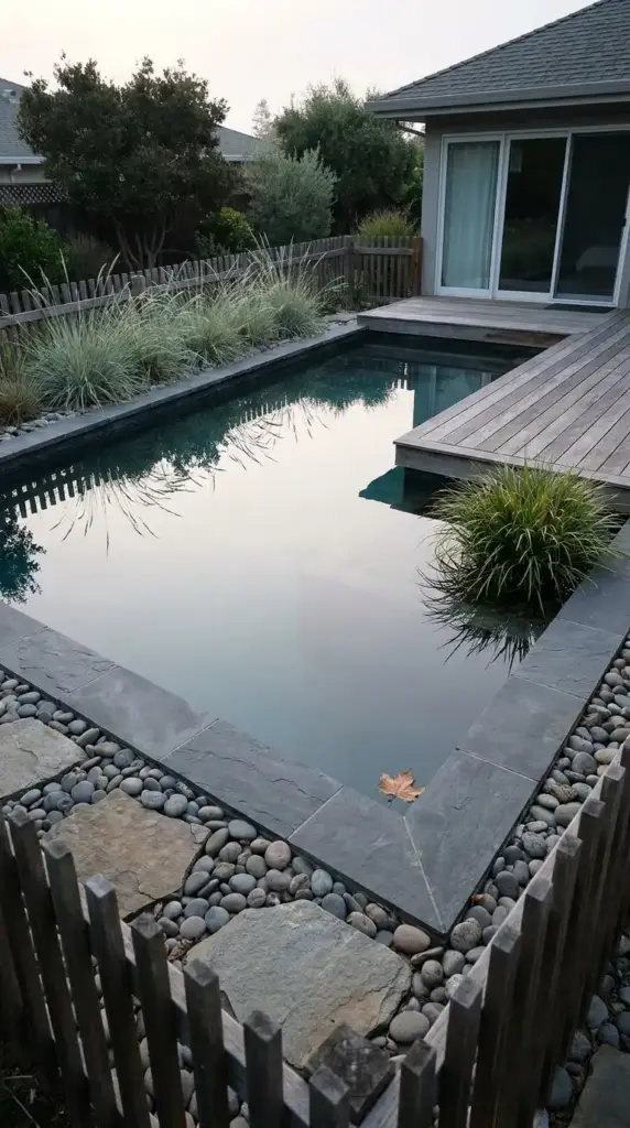 Modern minimalist natural pool ideas featuring dark stone coping, a gray wooden deck, and ornamental grasses in a compact backyard.