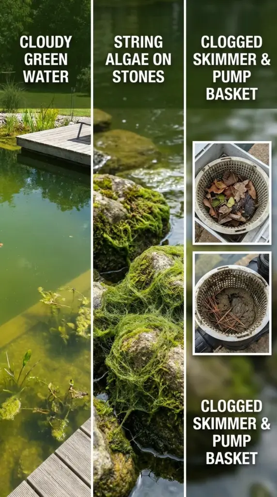 How to identify algae, debris buildup, and filtration failure in a green natural pool