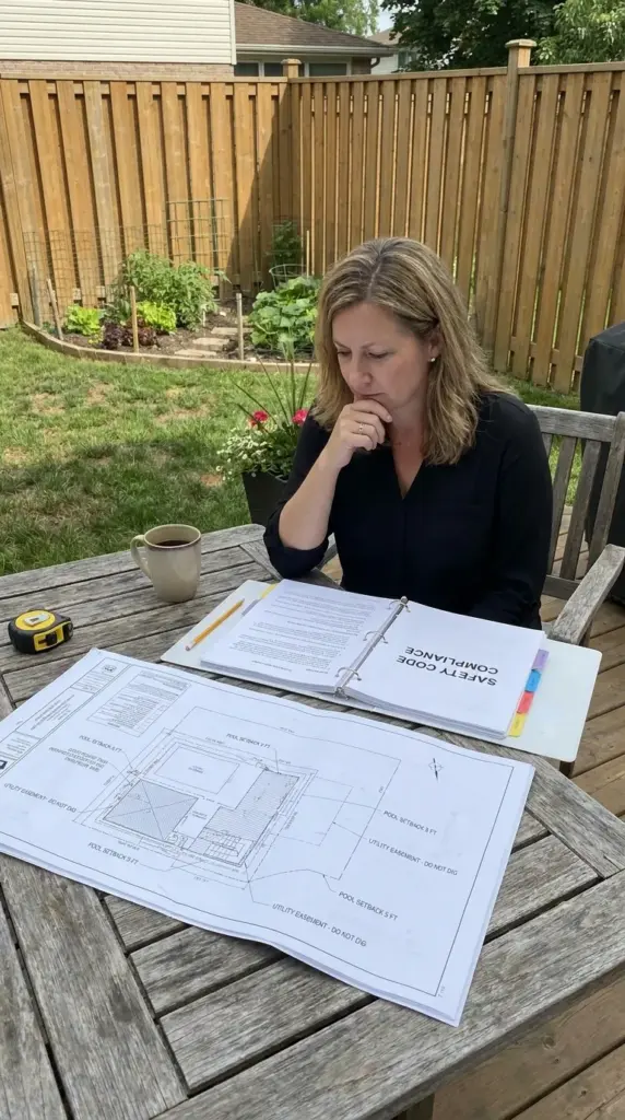 Urban garden pool permit planning with setback rules, safety codes, and site layout documents