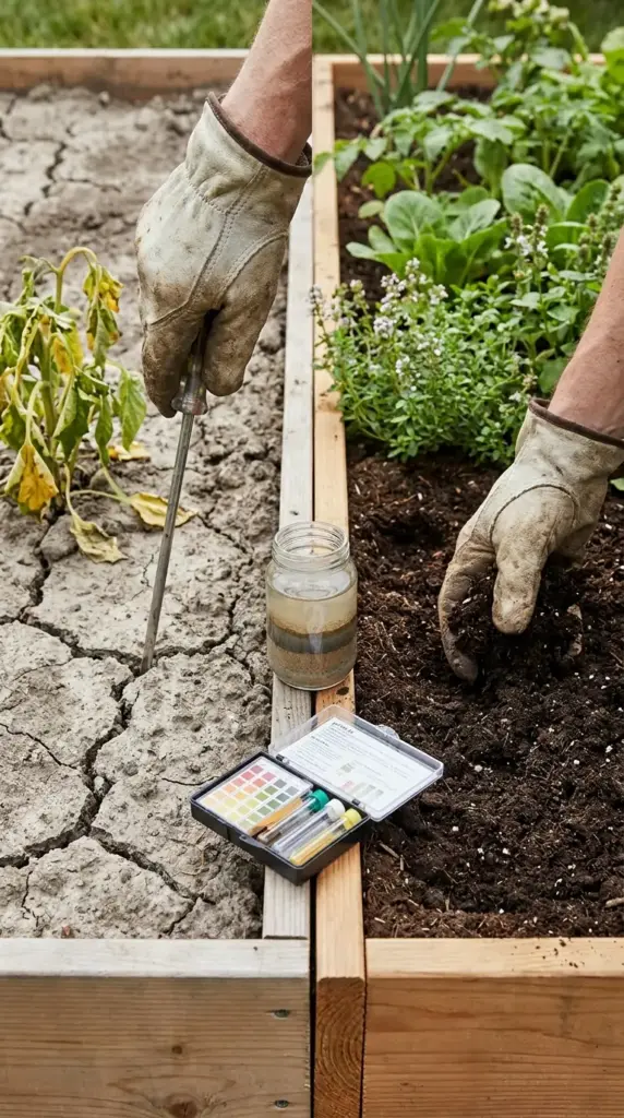 Professional garden help showing a side-by-side comparison of dry cracked earth versus healthy dark soil with a soil pH testing kit.