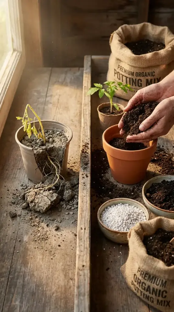 Vital garden help for beginners comparing a dying plant in poor soil to a healthy seedling being planted in rich organic potting mix.