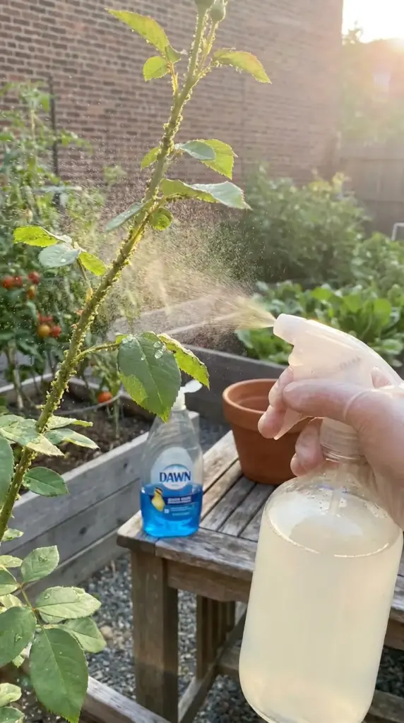 Effective garden help with household items showing a gardener spraying a dish soap solution on rose bush aphids for natural pest control.