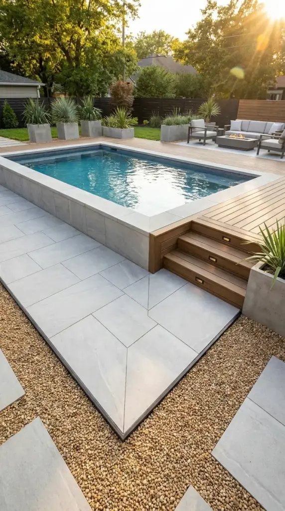 Poolside pavers and gravel around an above ground pool for a clean modern backyard design
