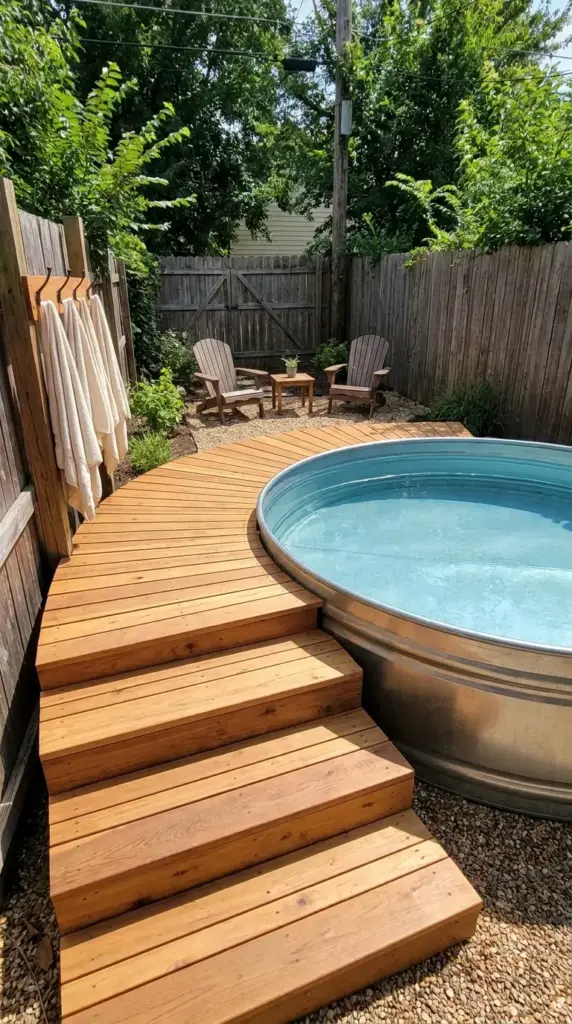 Half-moon cedar deck around a stock tank pool for a rustic industrial above ground pool design