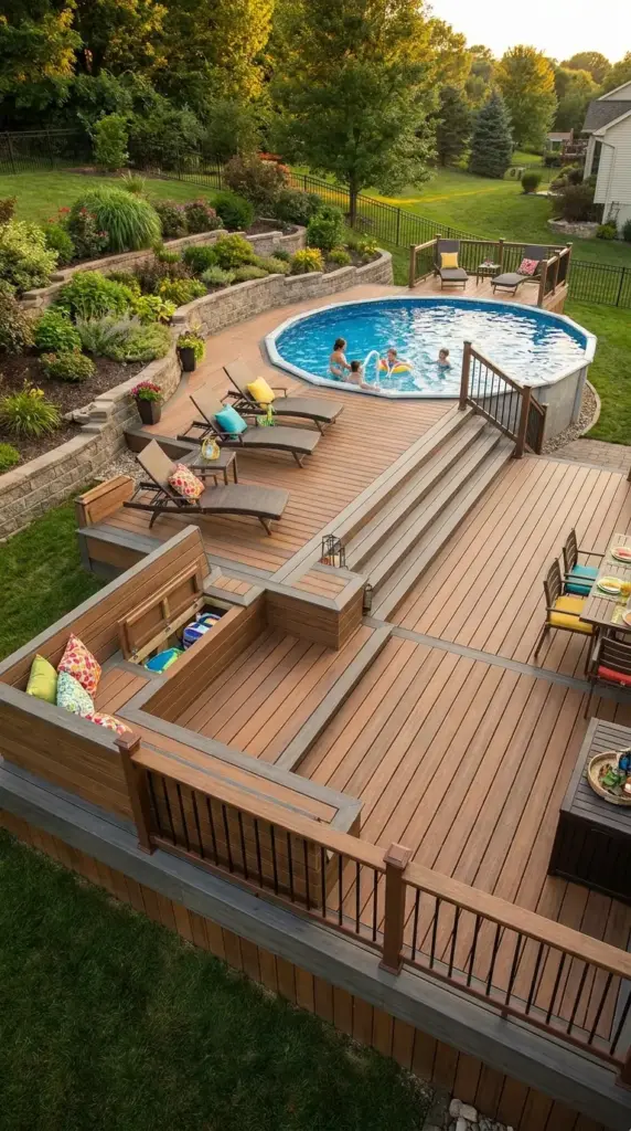 Wraparound pool deck for an above ground pool on a slope with composite decking and safe access stairs