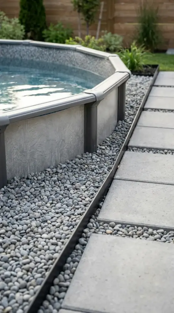Pea gravel pool base and paver border for a cheap above ground pool in a small backyard