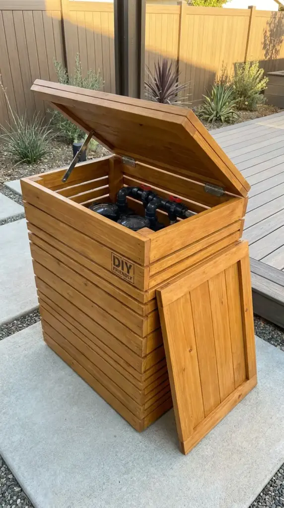 Hinged slatted wood box DIY pool equipment cover for above ground pool