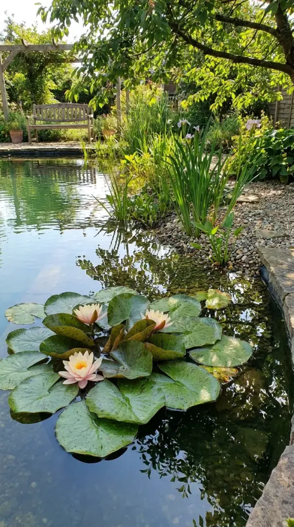 Hardy water lily providing surface shade for algae control in a crystal clear natural pool