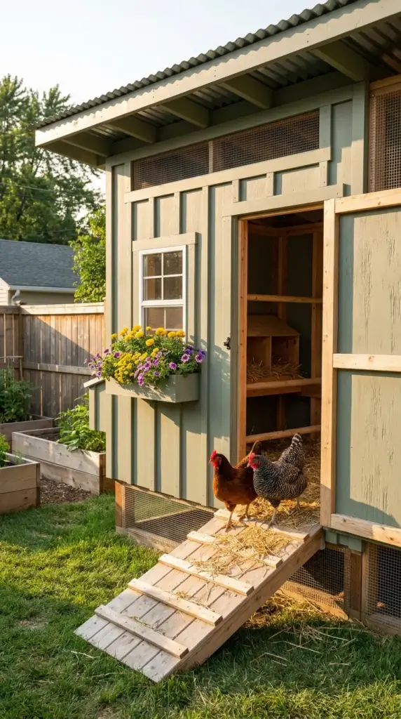 A modern sage green coop for a backyard mini farm with chickens featuring a flower window box and a wooden ramp for hens to enter the garden.